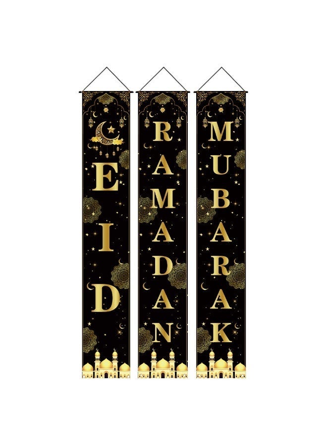 3 PCS Ramadan Kareem & Eid Mubarak Porch Banner Set, Vertical Hanging Door Sign, Islamic Party Decoration, Large Polyester Couplet for Outdoor Indoor Front Door Wall Home Decor (Black & Gold, 180 x 30 cm / 6 ft) - Image 1